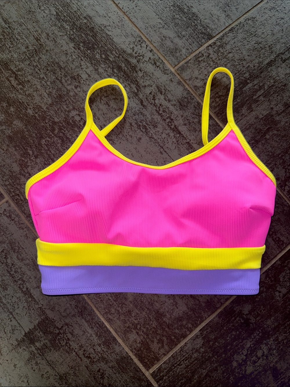 Pop up Neon Pink Bikini Top with Yellow Trim and Purple Band